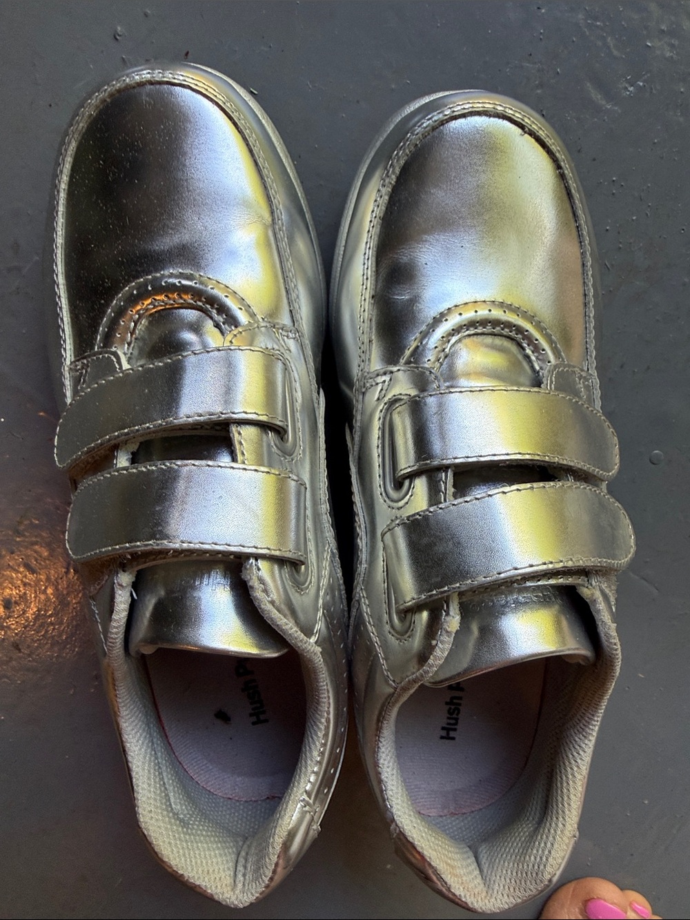 Great, shiny silver hush puppies leather Velcro sneakers size 7 brand new